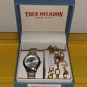 TRUE RELIGION WOMEN’S WATCH SILVER GOLD WITH BRACELETS GIFT SET WITH DENIM CASE